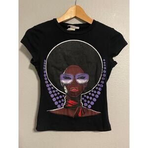 Vintage Juniors Baby Tee Size Small Black Afro Female Graphic Cyber Grunge Y2K